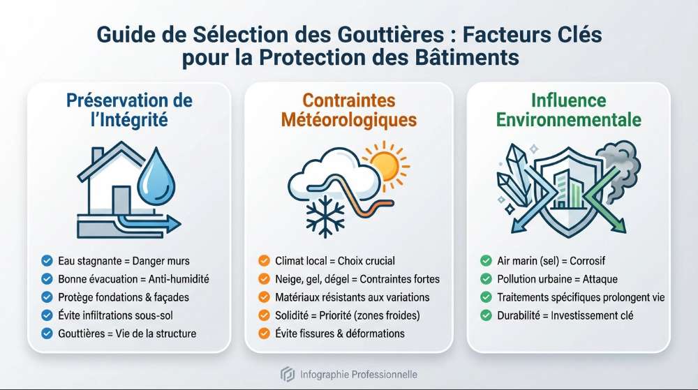 infographie guide sélection gouttières facteurs protection bâtiments climat environnement